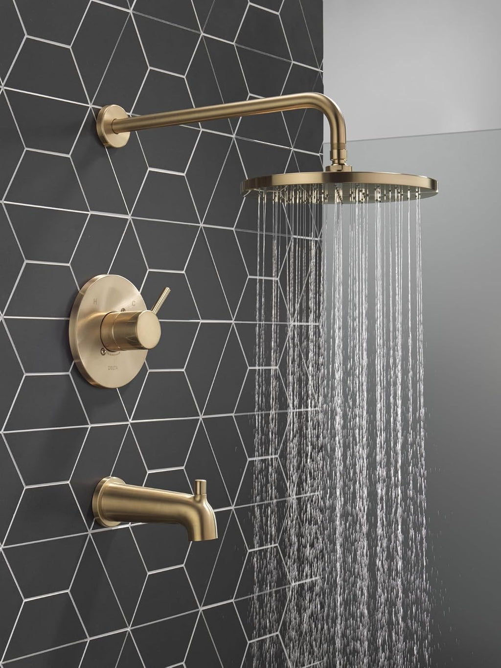 Delta Modern 14 Series Round Rain Bathtub and Shower Faucet Set, Rainfall Brushed Gold Shower Head and Handle Set, Valve Trim Kit, 10 Inch, Champagne Bronze T14469-CZ-PP (Valve Not Included)