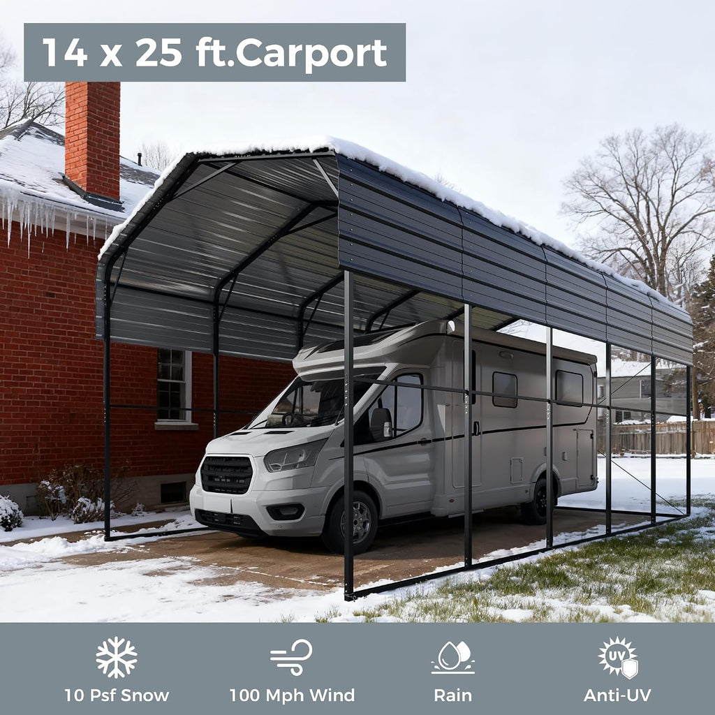 GREEN PARTY 14 x 25 x 13 ft Metal RV Carport Kits with Galvanized Steel Roof, Heavy Duty 2 Car Outdoor Car-Shed Canopy, Car Tent Metal Garage Shelter for RV, SUV, Truck, Tractors and Boats, Gray