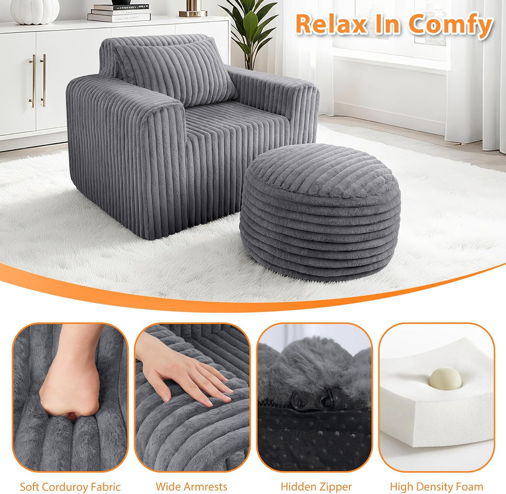 HABUTWAY Bean Bag Chair for Adults with Pillow, Giant Bean Bag Chairs with Ottoman, Comfy Dorm Chair with High Backrest & Wider Armrest, Lounger Chair Indoor for Bedroom Living Room(Grey)