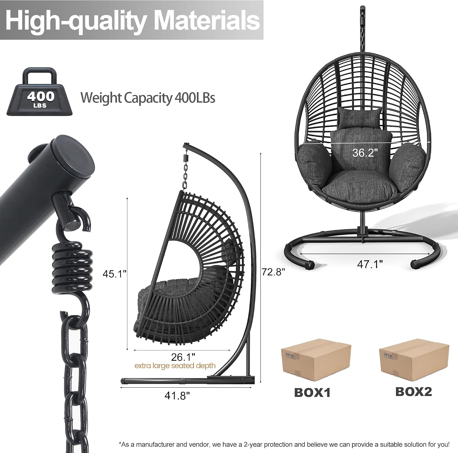 Hanging Egg Chair with Stand - Egg Swing Chair Outdoor Indoor Patio Wicker Chair Swing Hammock Egg Chairs 400lbs Capacity for Outside Patio, Bedroom, Garden and Balcony (Black-Regular, 2P)
