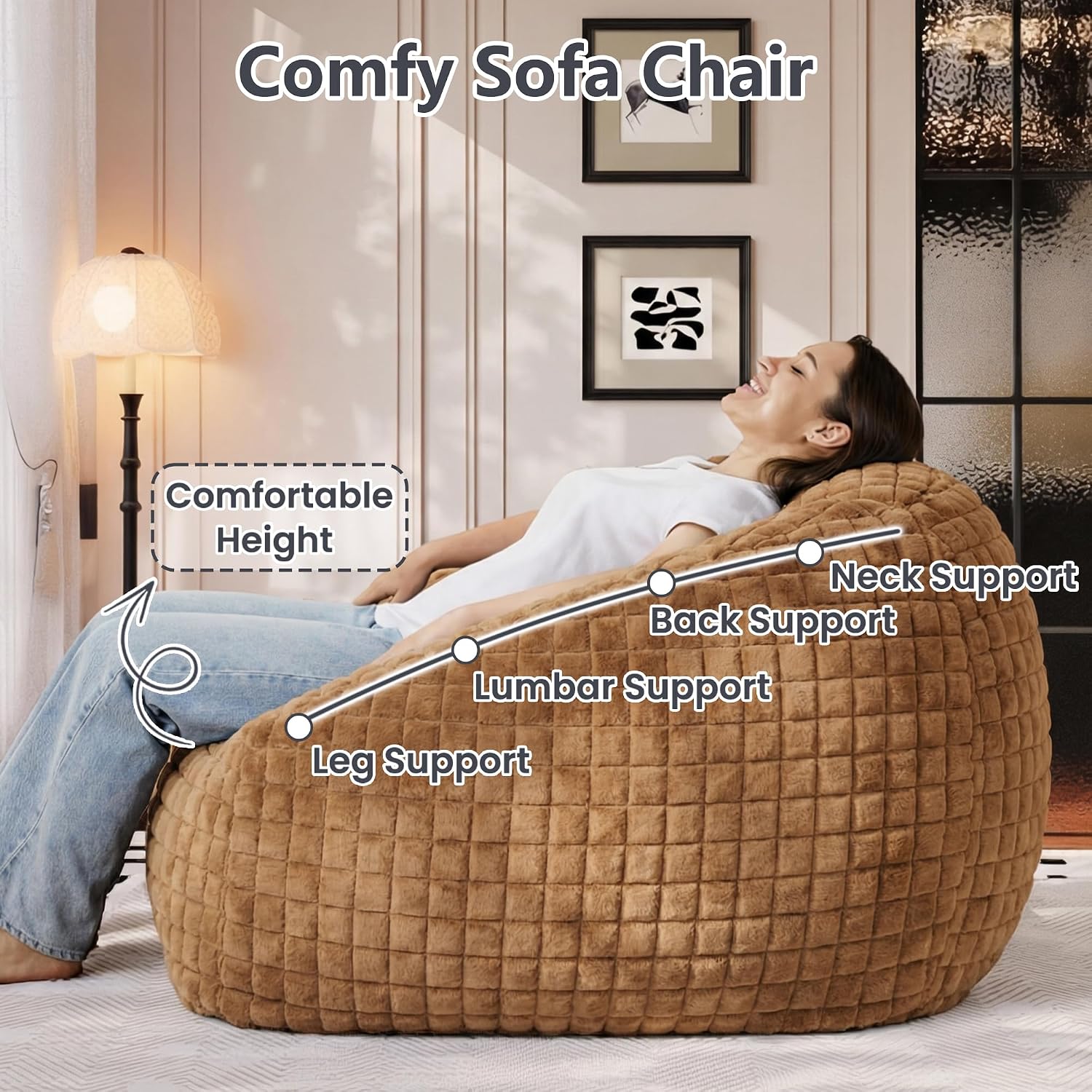 Bean Bag Chairs for Adults, Giant Beanbag Sofa Comfy Reading Chair, Oversized Bean Bag Chairs for Living Room Bedroom, Soft Faux Fur Fabric, 3.2FT, Khaki, Checkered