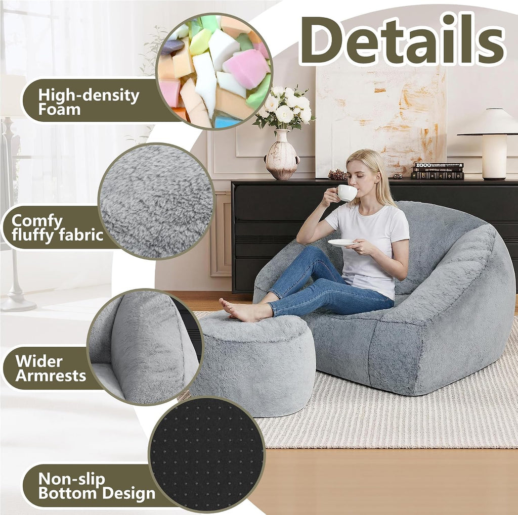 Bean Bag Chairs with Ottoman for Adults, Comfy Beanbag Chair with High-Resilience Foam, Oversized Bean Bag Sofa with Soft Faux Fur Fabric, Bean Bag Chair for Living Room,Bedroom,Light Grey
