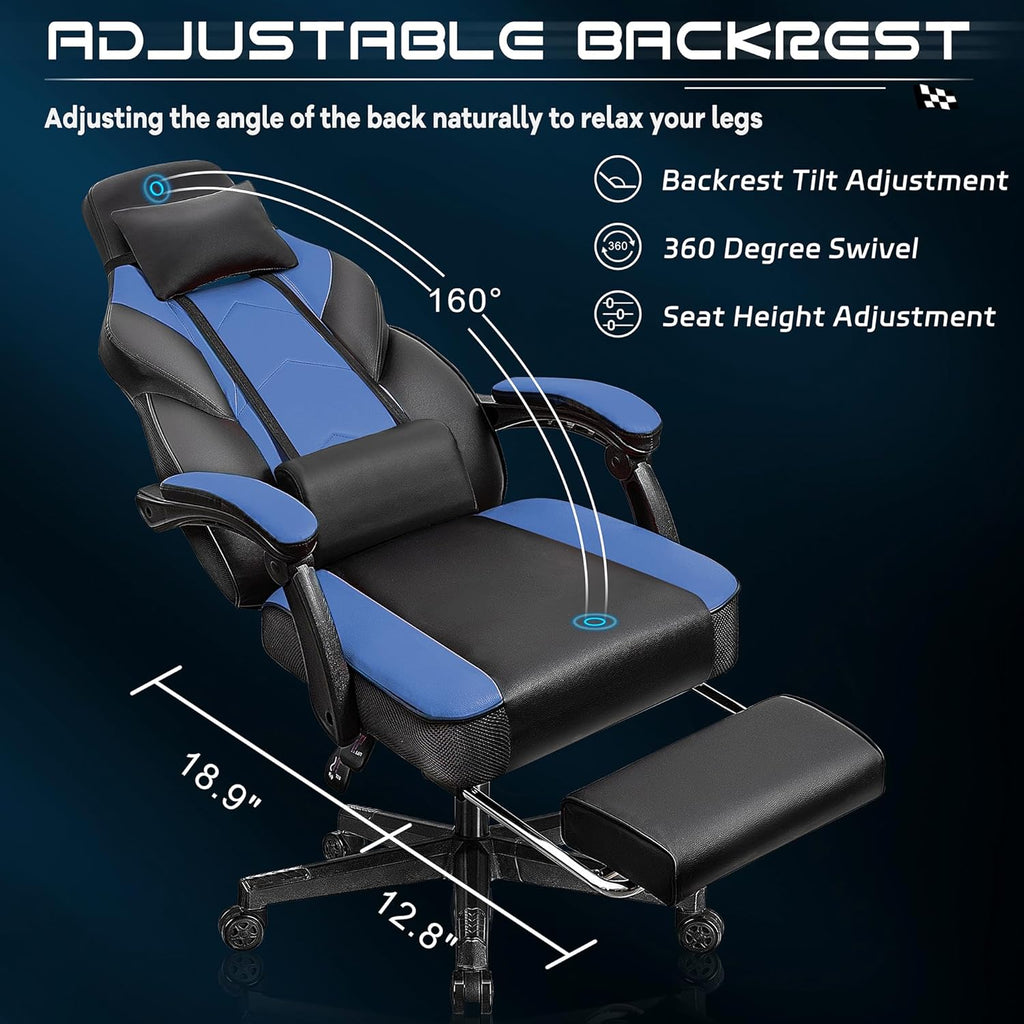 Gaming Chair with Footrest, Video Game Chair for Adults Ergonomic Big and Tall Computer Chair with Massage Lumbar, Height Adjustable, 360° Swivel Seat and Headrest (Blue)