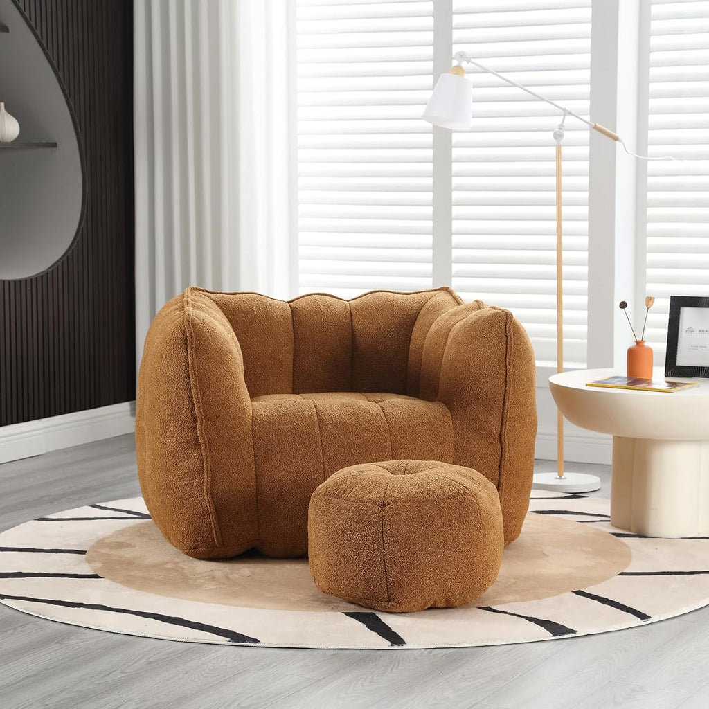 Giant Bean Bag Chair with Ottoman, Oversized Beanbag Chair for Adults, Comfy Floor Sofa Chair with Foam Filler, Pumpkin Lazy Lounger for Living Room, Game Room, Reading Corner, Chenille Yellow