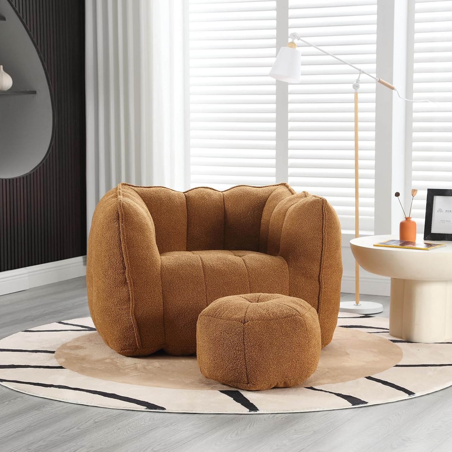Giant Bean Bag Chair with Ottoman, Oversized Beanbag Chair for Adults, Comfy Floor Sofa Chair with Foam Filler, Pumpkin Lazy Lounger for Living Room, Game Room, Reading Corner, Chenille Yellow