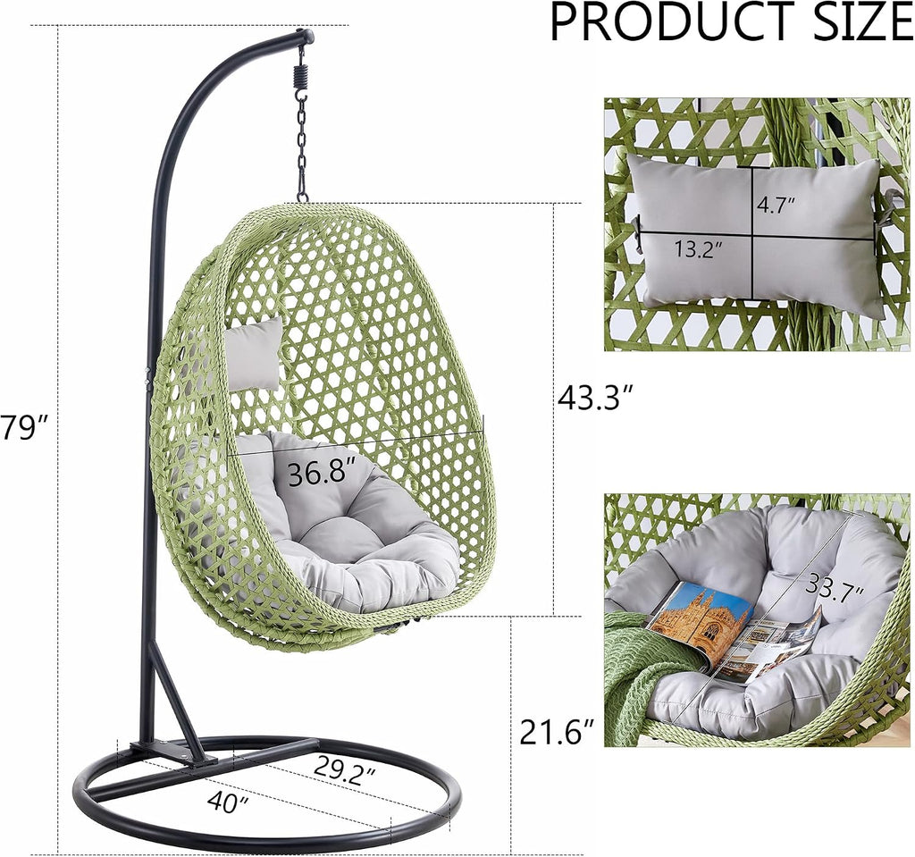 Egg Swing Chair with Stand,Swing Egg Chair with Stand, Green Rattan Hanging Egg with Soft Cushion, Outdoor Hanging with Foldable Basket and Metal Stand for Bedroom Patio
