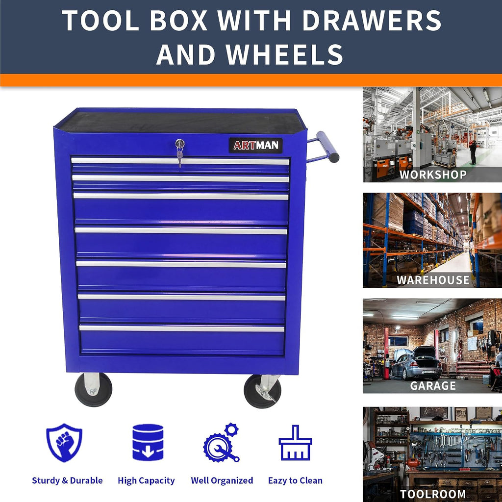 Larmliss 7-Drawer Rolling Tool Cart, Lockable Home Repair Tool Storage Organizer, Tool Box on Wheels,Tool Chest Cabinet for Mechanic, Garage