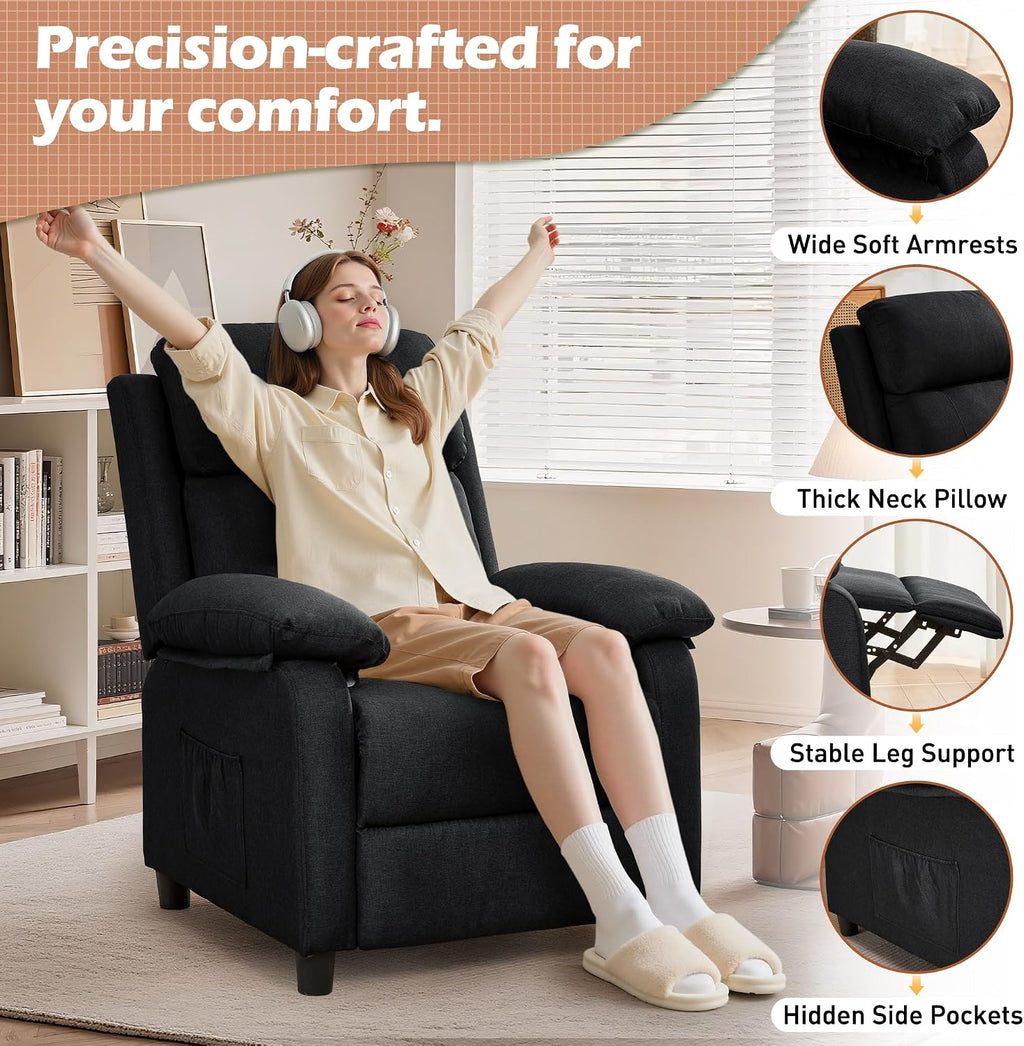 Korser Recliner Chair, Living Room Chairs for Adults, Padded Deep Seat Reading Chair with Side Pockets, Small Recliners for Small Spaces, Lounge Chair for Living Room, Bedroom, and RV (Linen)