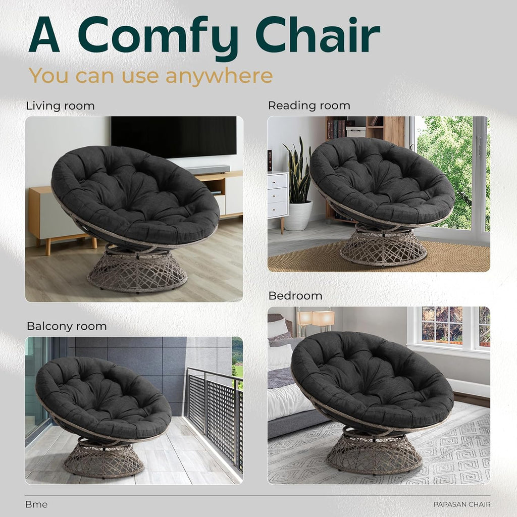 Bme 46' Large Size Ergonomic Wicker Papasan Chair with Soft Thick Density Fabric Cushion, Bee-Designed Base, High Capacity Steel Frame, 360 Degree Swivel for Living, Bedroom,...