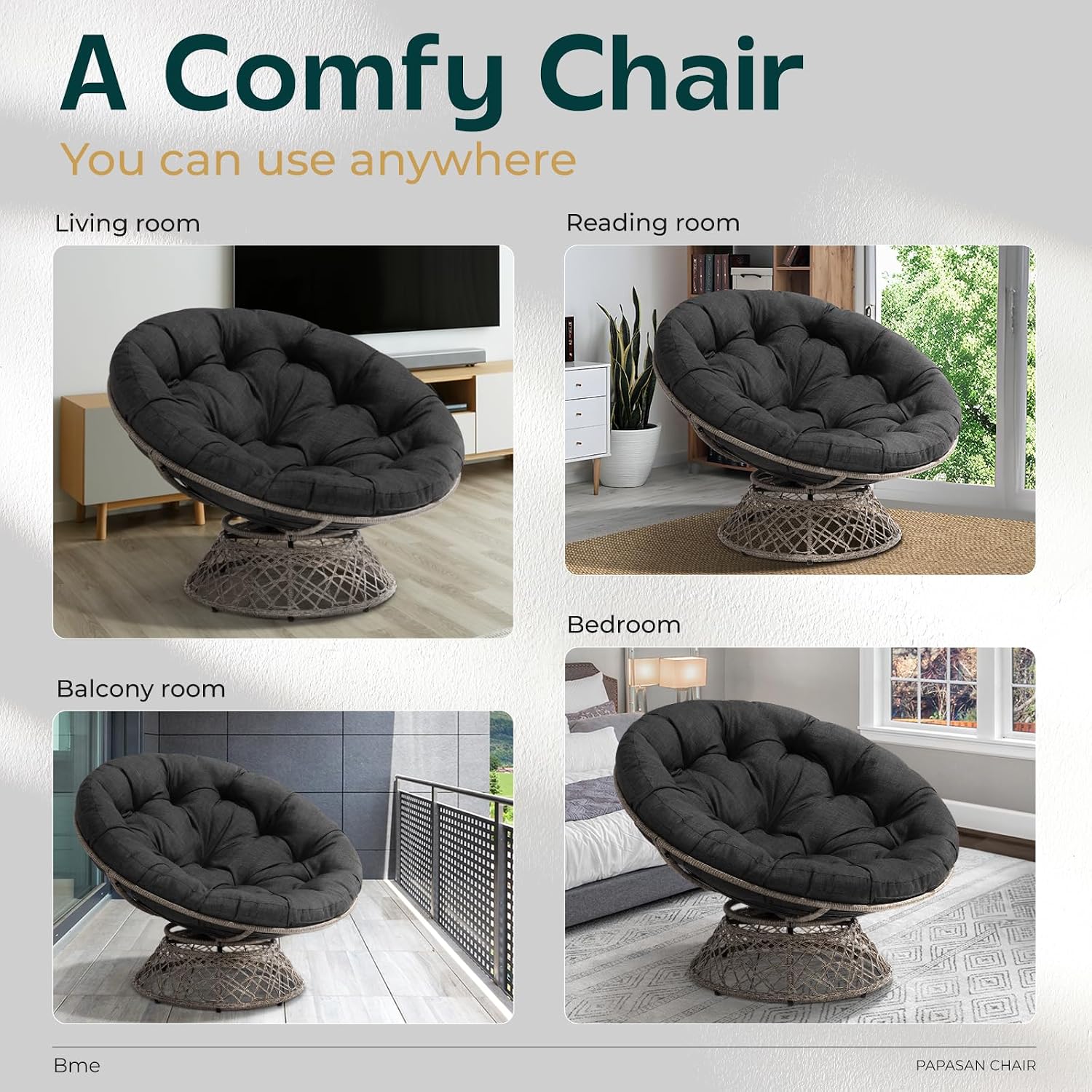 Bme 46' Large Size Ergonomic Wicker Papasan Chair with Soft Thick Density Fabric Cushion, Bee-Designed Base, High Capacity Steel Frame, 360 Degree Swivel for Living, Bedroom,...