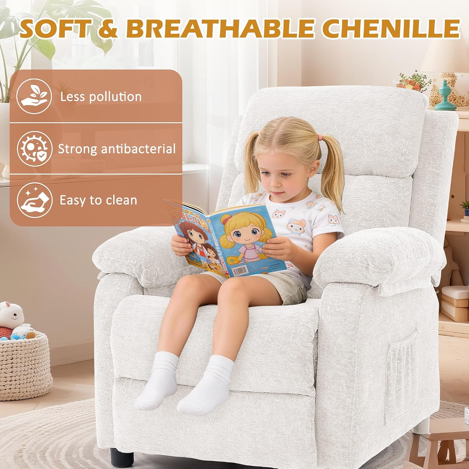 Korser Recliner Chair, Living Room Chairs for Adults, Padded Deep Seat Reading Chair with Side Pockets, Small Recliners for Small Spaces, Lounge Chair for Living Room, Bedroom, and RV (Chenille)