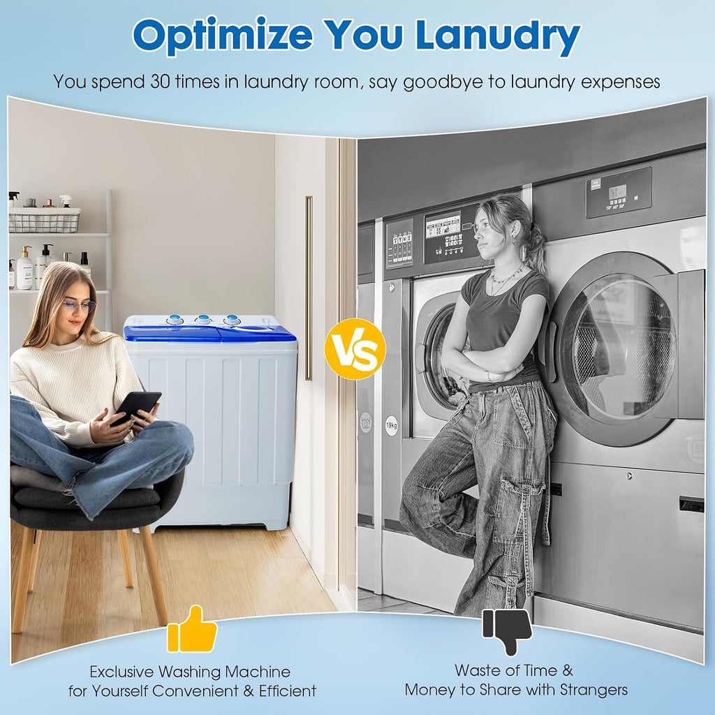 Dawmilon Portable Washing Machine Twin Tub - 28lbs Compact Washer (18lbs) and Spinner Dryer (10lbs) Combo with Drain Pump - Semi Automatic Washing Machine for Apartments, Dorms, RVs, Camping - Blue