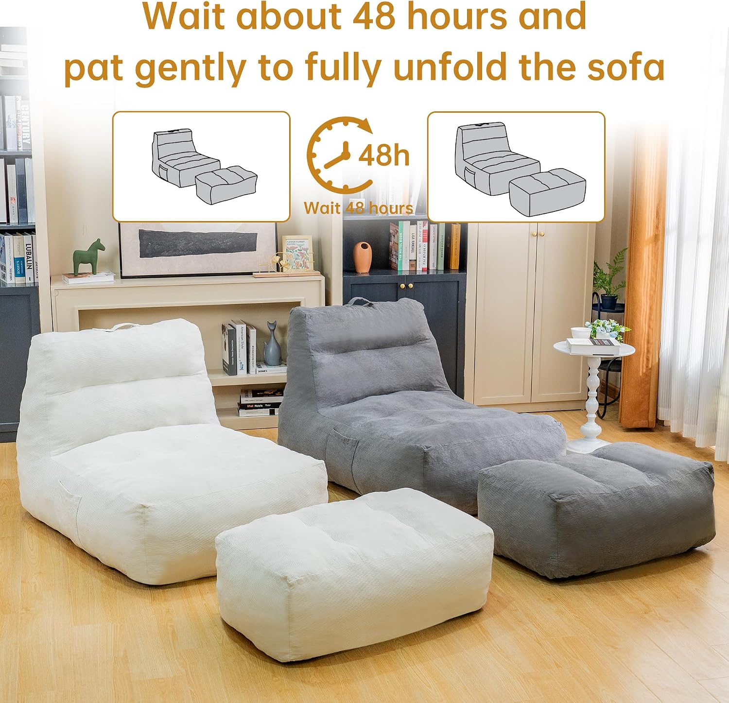 Bean Bag Chair with Ottoman, Giant Bean Bag Chairs for Adults with Memory Foam, Comfy Bean Bag Sofa for Bedroom, Lounge Beanbag of Reading and Gaming with Filler Included(Gray)