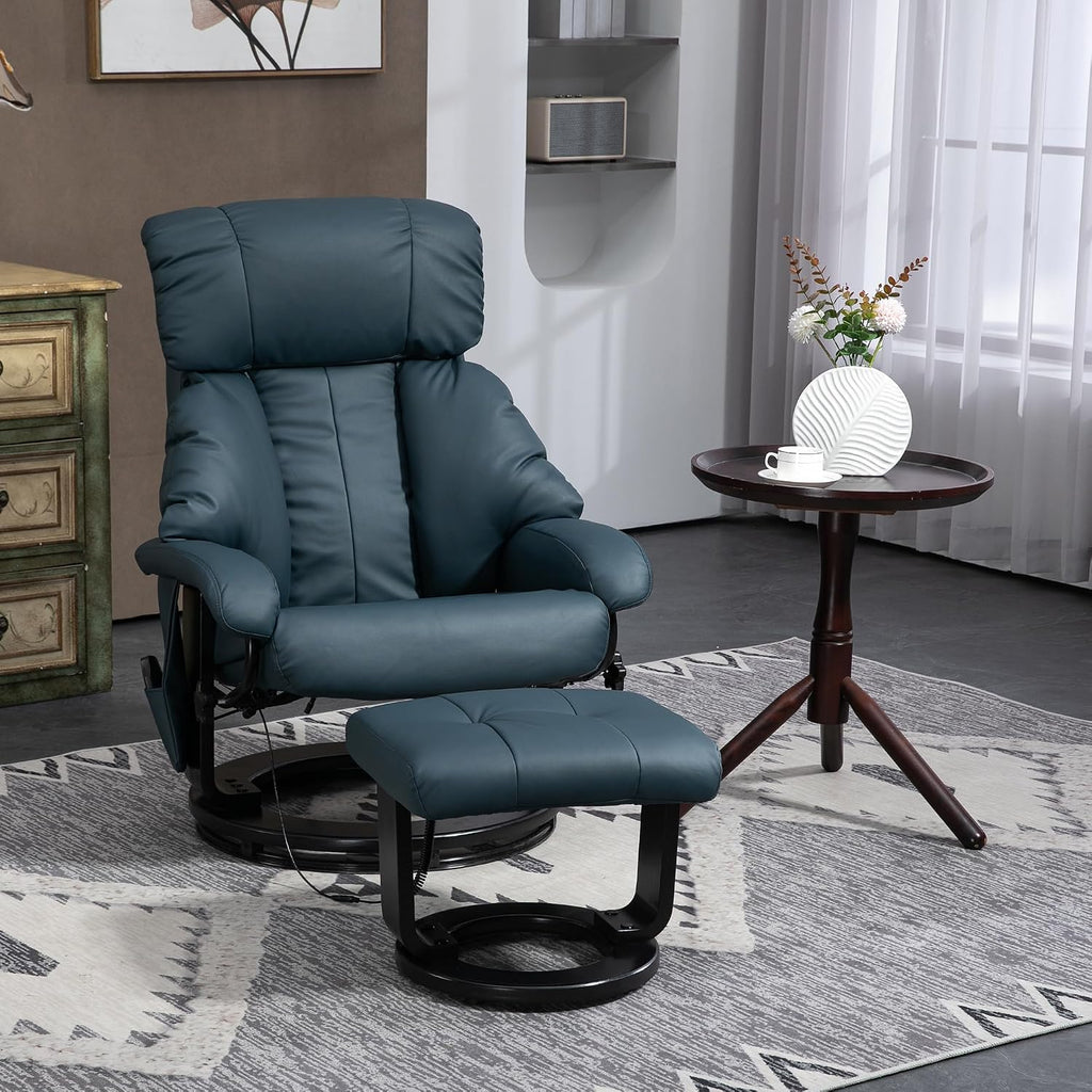 HOMCOM Massage Recliner Chair with Ottoman, 360° Swivel Recliner and Footstool, 10 Point Vibration, PU Leather Reclining Chair with Side Pocket and Remote Control, Blue