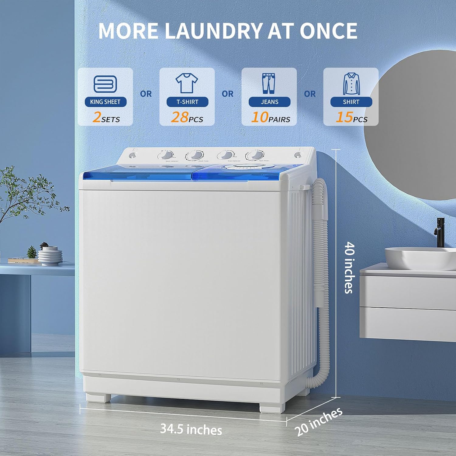 Zynkez Portable Washing Machine, 40Lbs Compact Washing machine, Twin Tub Laundry Washer Machine with Built-in Drain Pump, Semi-Automatic 24Lbs Washer and 16Lbs Spinner Combo for Apartments, Dorms, RVs