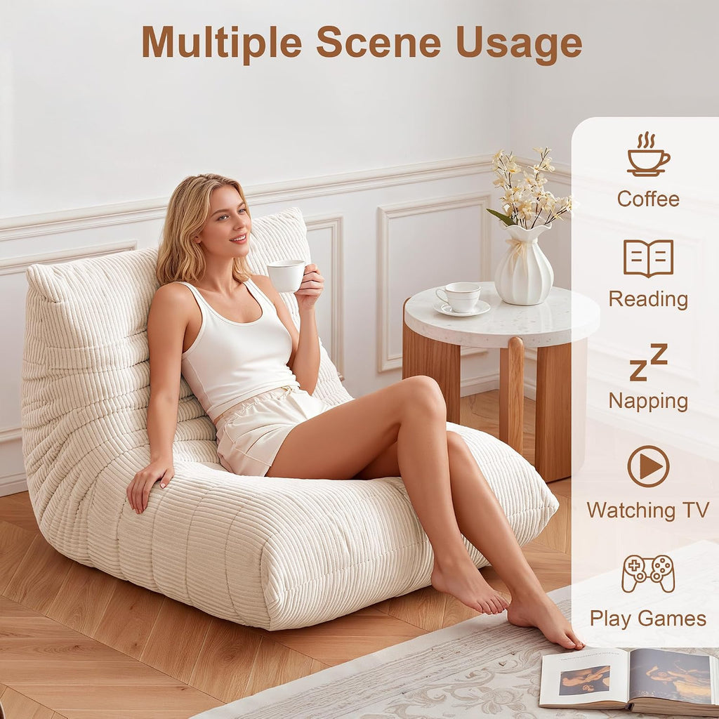 Bean Bag Chair for Adults, Giant Bean Bag Chairs with Lumbar Pillow, Oversized Corduroy Memory Foam Boneless Chair with High-Rebound, Lazy Floor Sofa for Reading Gaming Living Room Bedroom, Beige