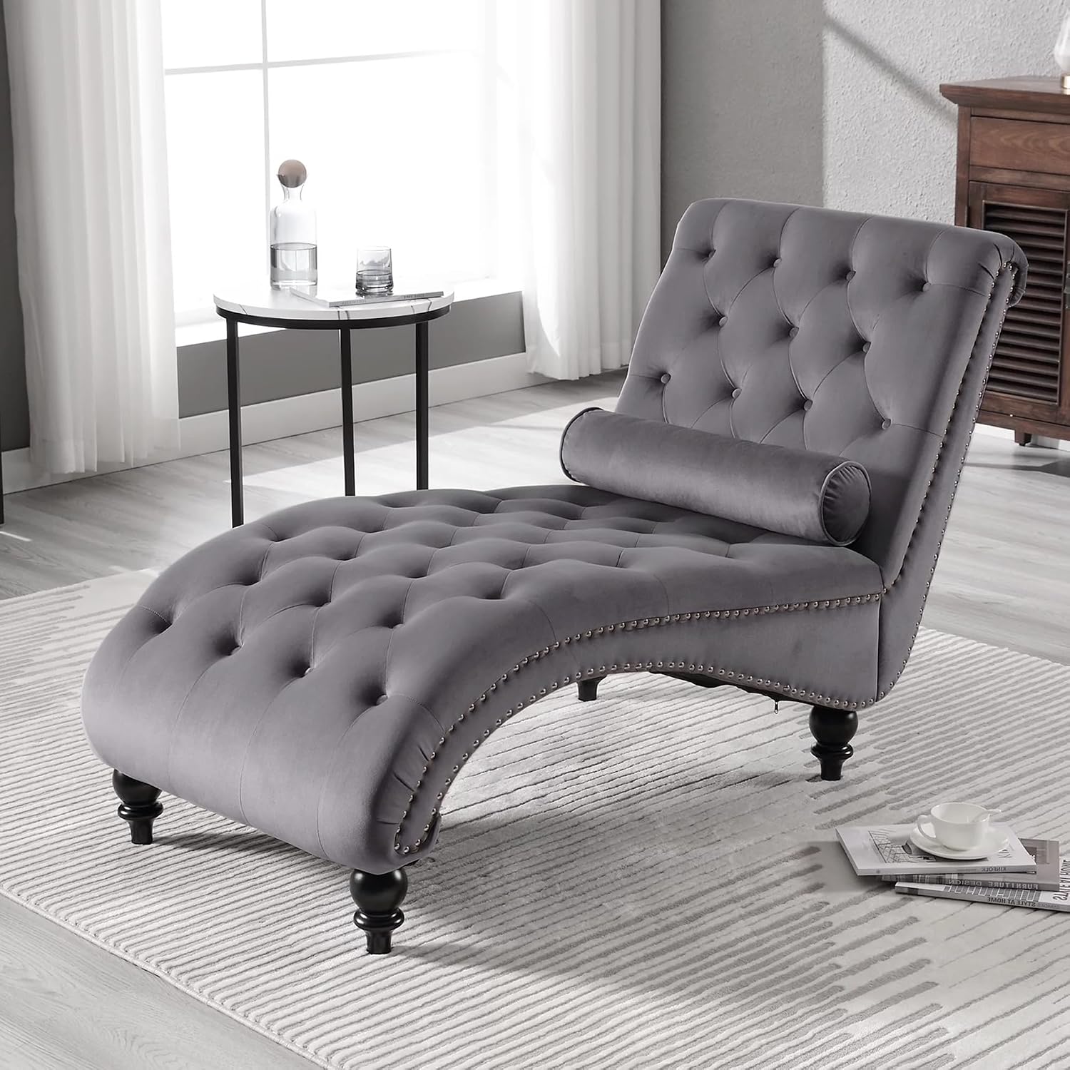 Velvet Chaise Lounge Indoor,Button-Tufted Upholstered Chaise Lounge Chair with Pillow for Bedroom Living Room Office Modern Backrest Leisure Recliner Sleep Sofa,Grey New