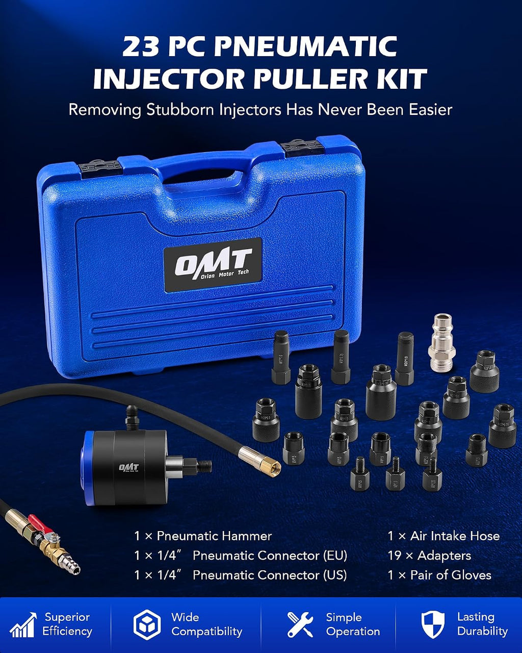 Orion Motor Tech Pneumatic Injector Puller Set for Diesel Engines, 23 pcs 5-8 Bar Air Vibration Injector Removal Tool Kit with Extractor Hammer, 19 Adapters, Extension Hose, and EU US Connectors