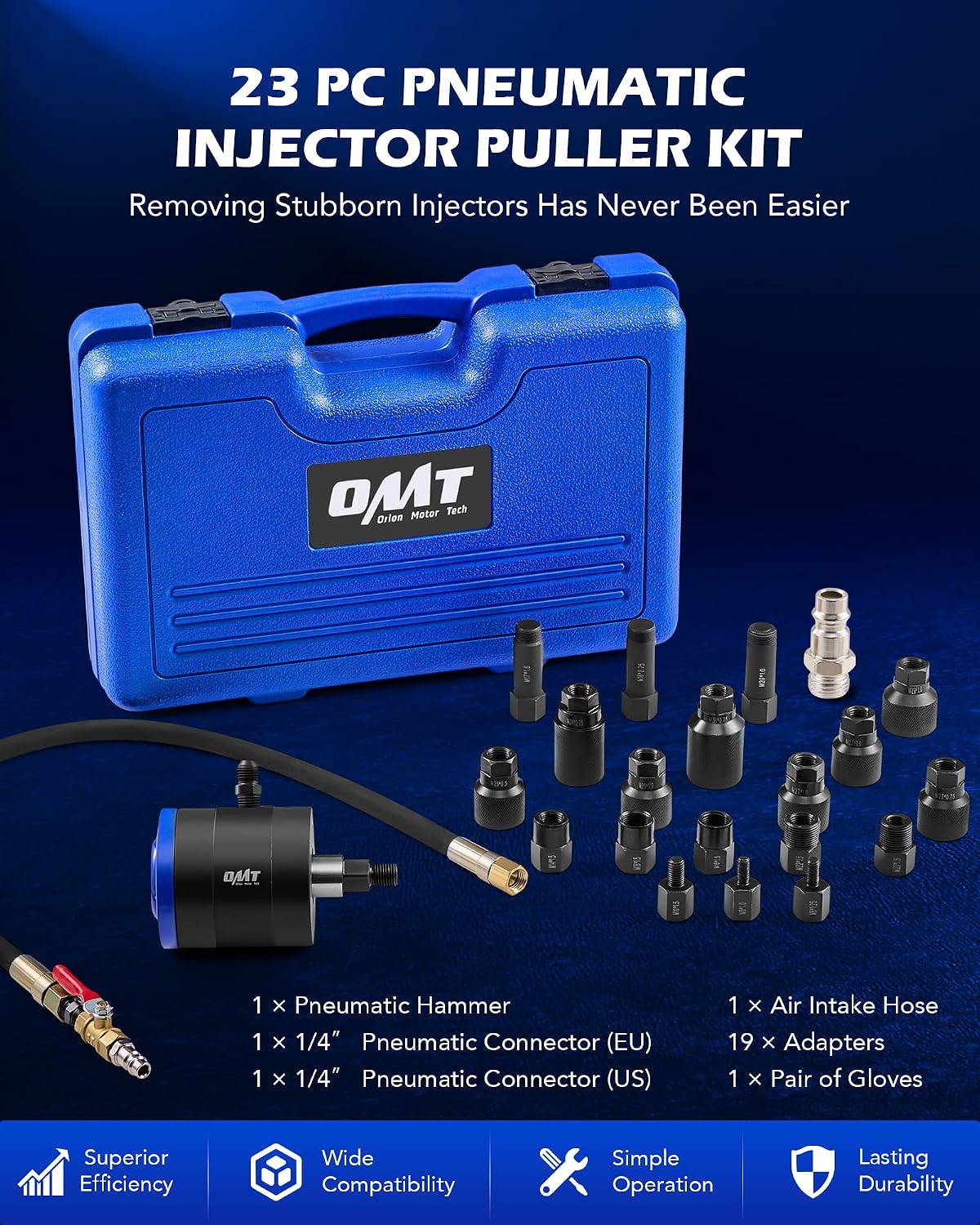 Orion Motor Tech Pneumatic Injector Puller Set for Diesel Engines, 23 pcs 5-8 Bar Air Vibration Injector Removal Tool Kit with Extractor Hammer, 19 Adapters, Extension Hose, and EU US Connectors