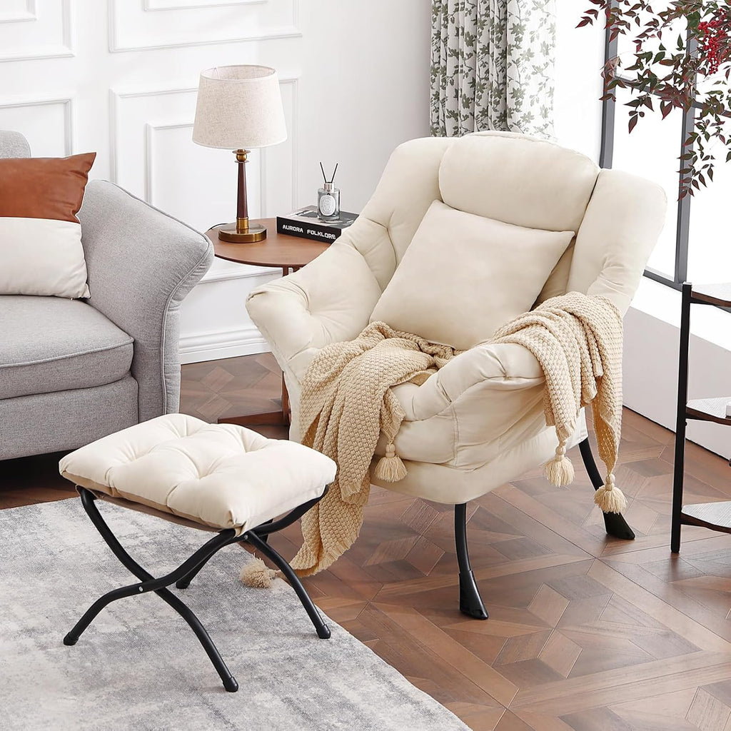 Lvory Lazy Chair with Ottoman, Large Velvet Accent Chair with a Throw Pillow, Comfy Leisure Sofa Chair for Living Room Bedroom Dorm Room Office Apartment Reading Relaxing Use