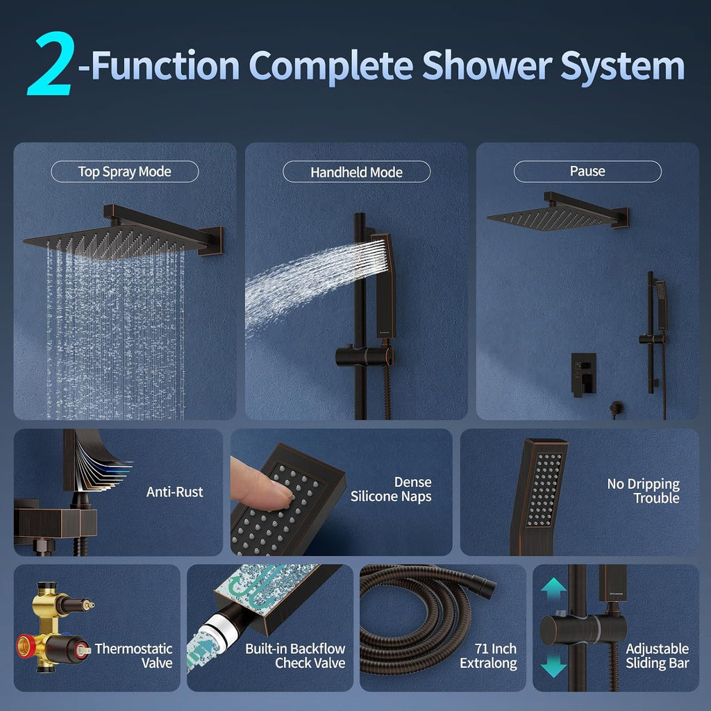 SR SUN RISE 12 Inch Oil Rubbed Bronze Shower Faucet Set, Wall-Mount Adjustable 16-Inch Slide Bar with Square Hand Shower System Included Valve and Trim Kit