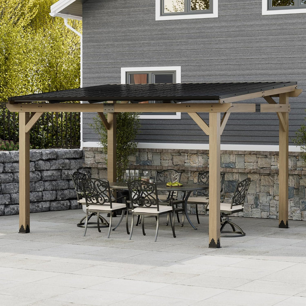 10x12FT Wall Mounted Gazebo Ceder Wood Lean to Gazebo with Sloping Roof Outdoor Hardtop Pergola Awnings with Galvanized Steel Roof for Patio, Deck, Backyard