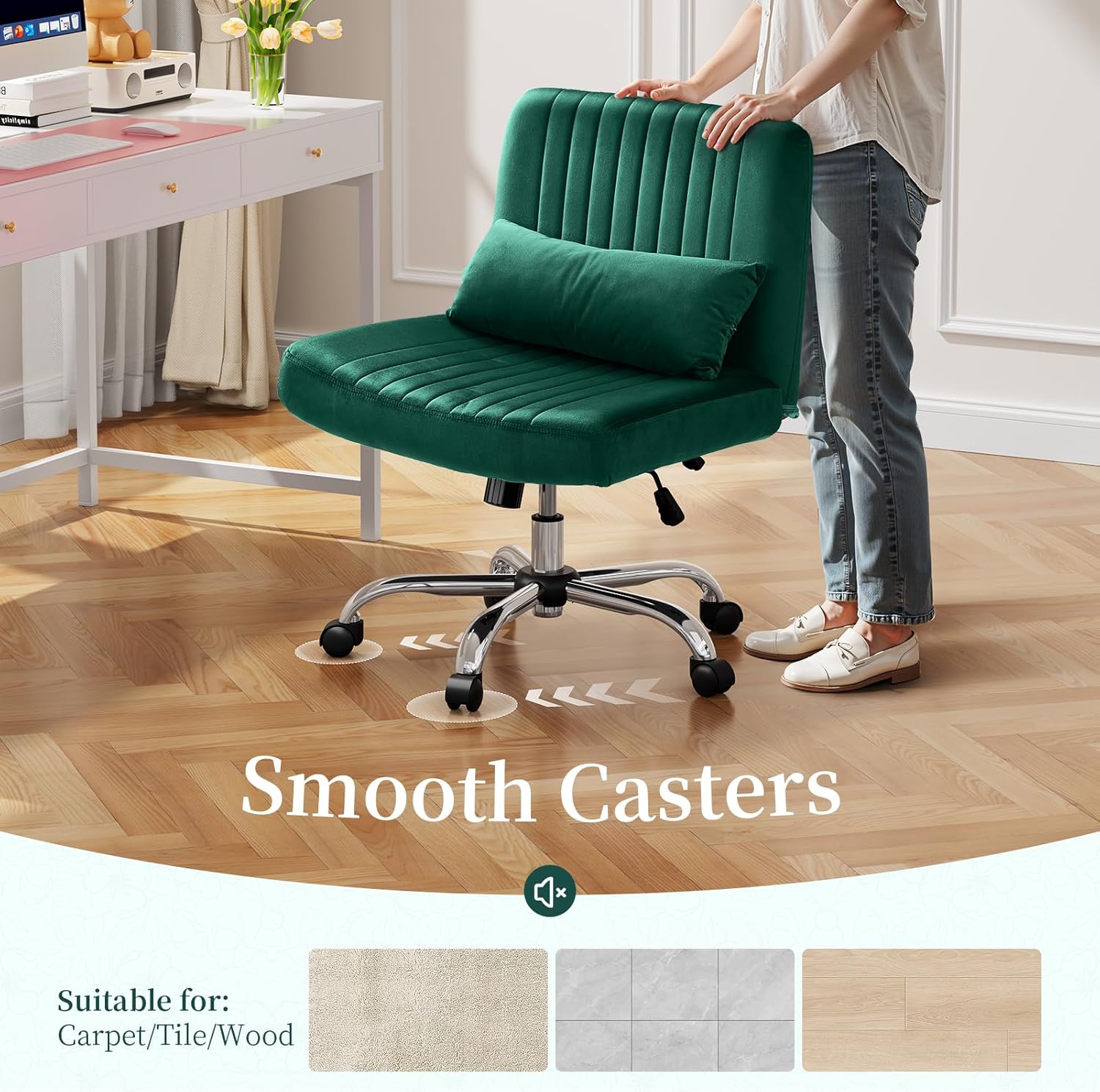 Warmiehomy Velvet Criss Cross Office Chair with Wheels, Luxury Cross Legged Desk Chair for Bedroom, Armless Wide Seat Computer Chair, Modern Vanity Chair, Gift for Teens & Girlfriend, Emerald Green