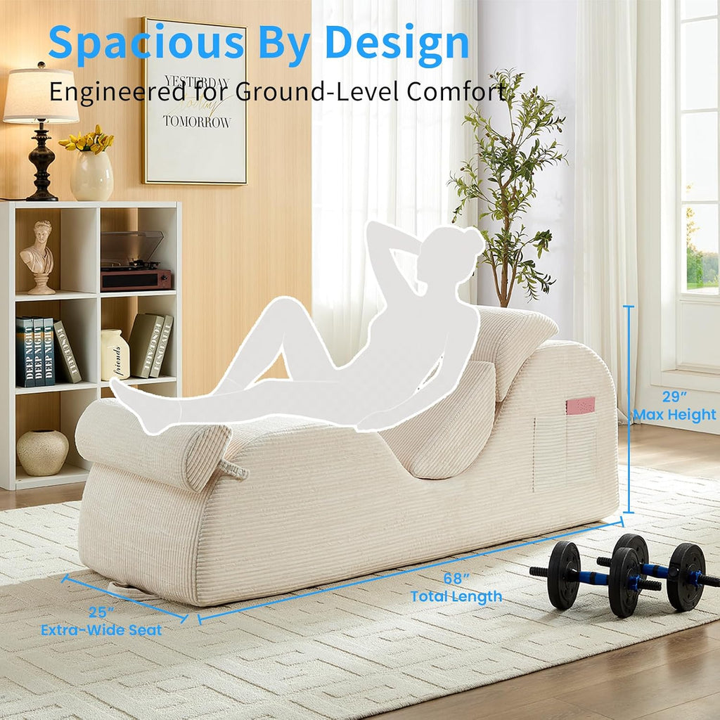 ijuicy 25' Wide Corduroy Yoga Chair, Ergonomic Stretch Chaise Lounge Chair Indoor, Reading Chair with Headrest, Waist Cushion, Movable Footrest, Side Pockets, High Density Sponge-Beige