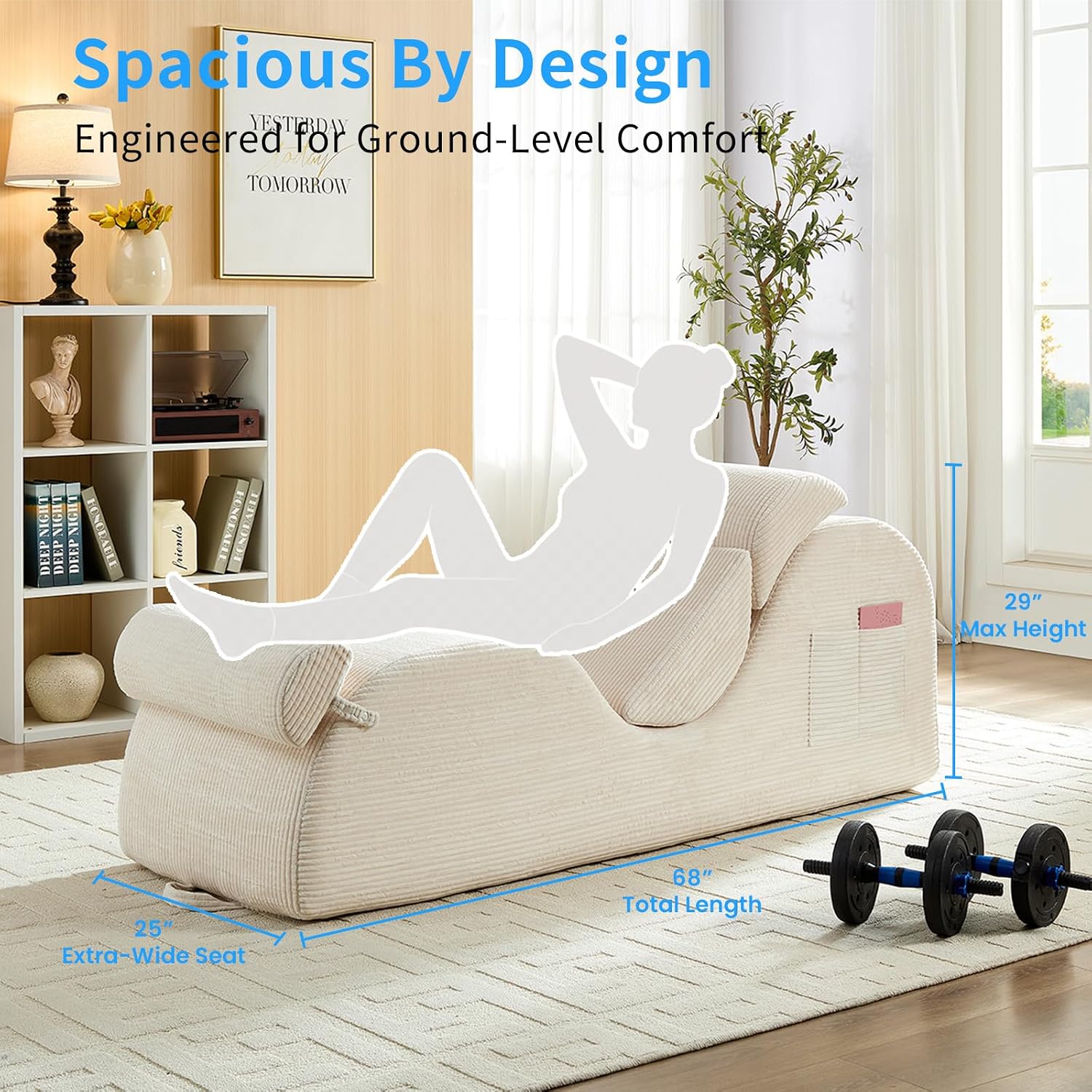 ijuicy 25' Wide Corduroy Yoga Chair, Ergonomic Stretch Chaise Lounge Chair Indoor, Reading Chair with Headrest, Waist Cushion, Movable Footrest, Side Pockets, High Density Sponge-Beige