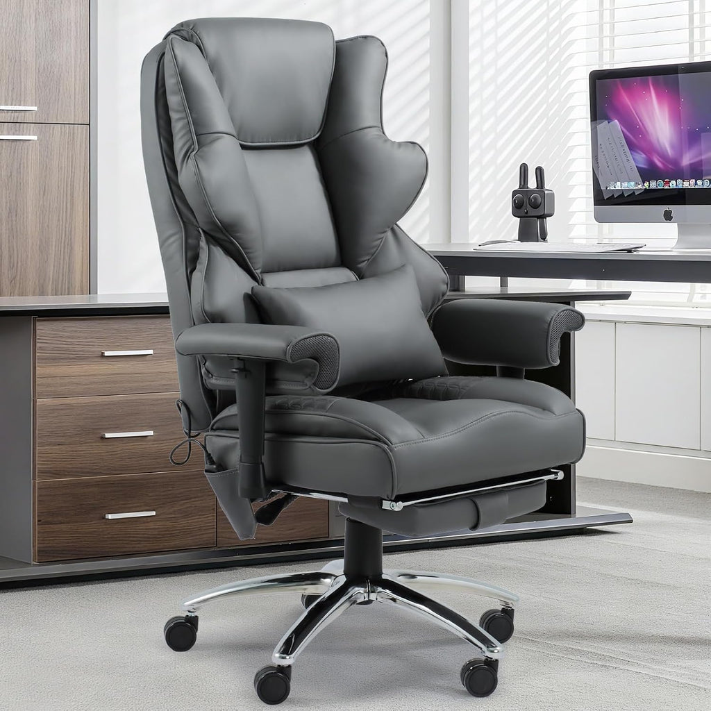 Massage Office Chair with Foot Rest, Ergonomic Executive Heated Office Chair with Reclining Backrest, Adjustable Arms and Lumbar Support, High Back Leather Desk Chairs for Home Office, Gray