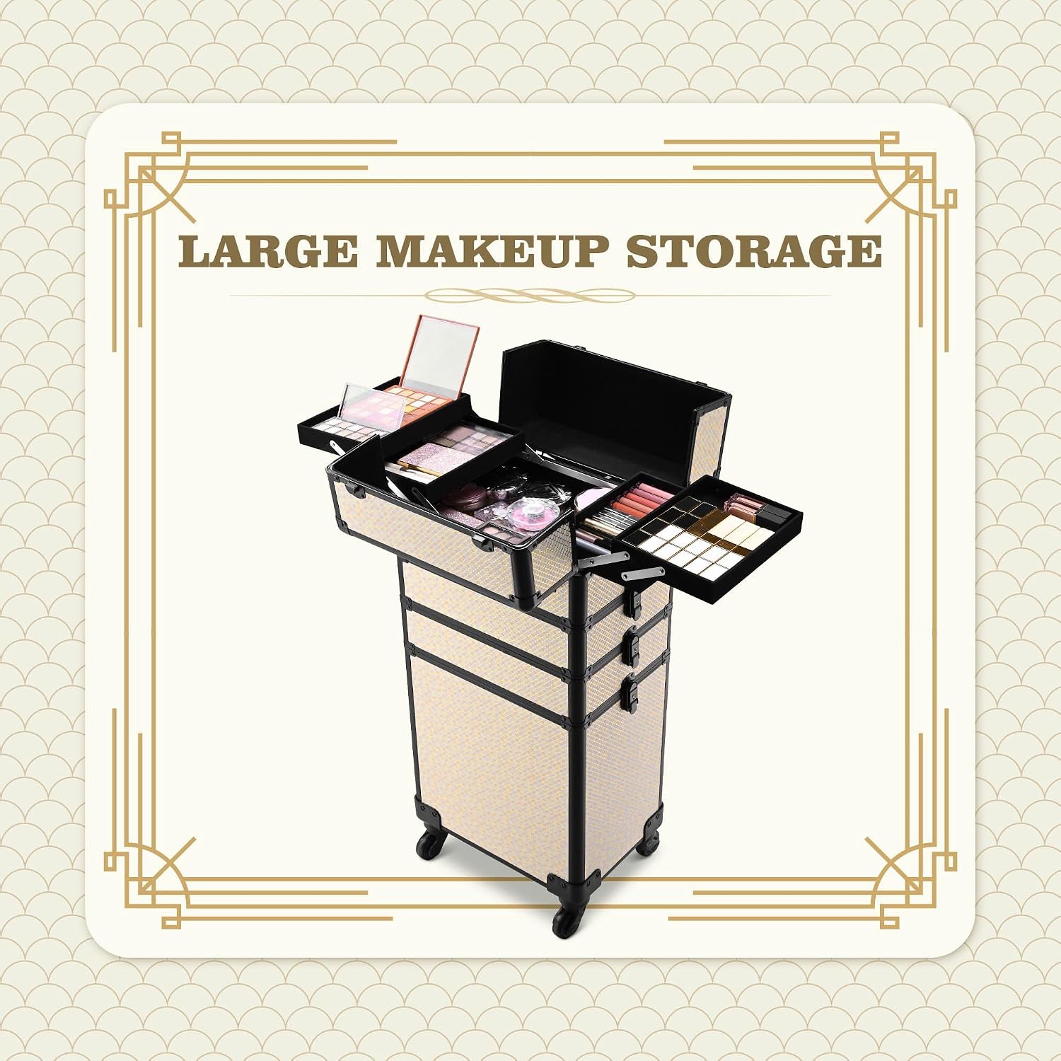 BYOOTIQUE 4in1 Rolling Makeup Train Case Cosmetology Case on Wheels,Large Capacity Easy Access Cosmetic Organizer for Makeup Artist Hairstylist,Art Deco Pastel