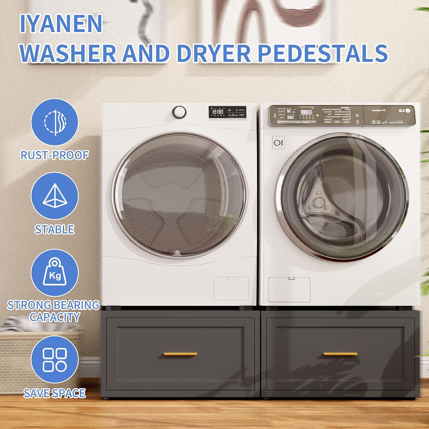 Heavy Duty Metal Washer Dryer Pedestal, 28' W Washer Pedestal with Drawer, 440LBS Universal Laundry Pedestal, Washing Machine Stand with Adjustable Feet, 16'' Height (1pack-Black)