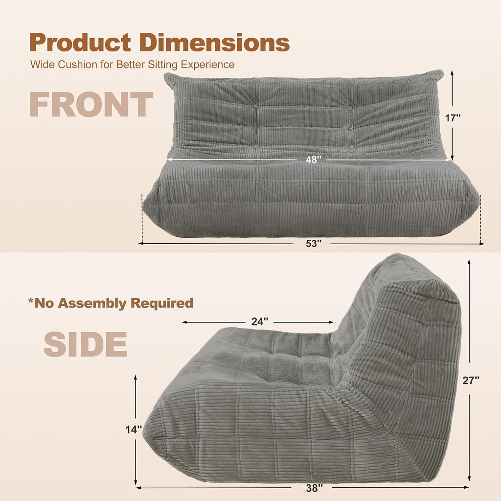 Bean Bag Chair,Giant Beanbag Chairs for Adults,Comfy Large Fireside Chair Lazy Sofa,Corduroy Bean Bag Lounger with Memory Foam Filled,Floor Sofa Couch for Living Room (Light Grey, Loveseat)