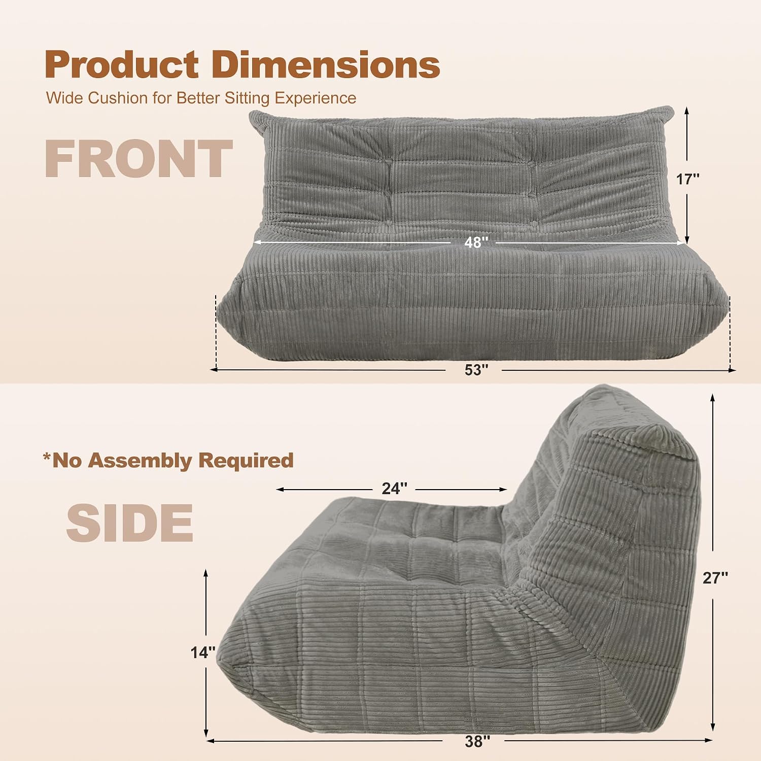 Bean Bag Chair,Giant Beanbag Chairs for Adults,Comfy Large Fireside Chair Lazy Sofa,Corduroy Bean Bag Lounger with Memory Foam Filled,Floor Sofa Couch for Living Room (Light Grey, Loveseat)