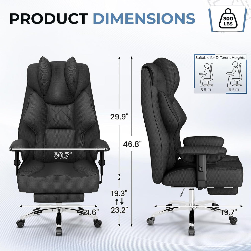 Homall Big and Tall Massage Office Chair,Reclining High Back Ergonomic Home Office Desk Chair with Adjustable Padded Armrest and Foot Rest (Mesh, Black)