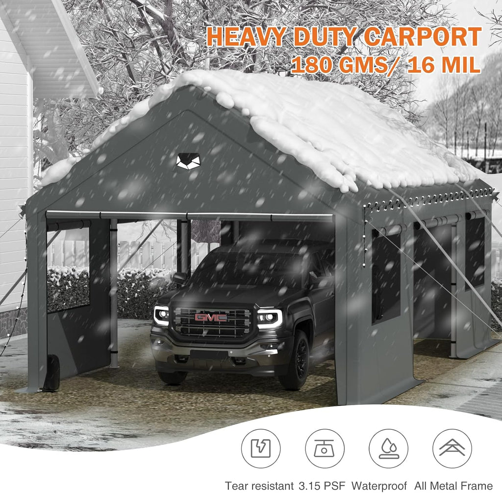 Carports Heavy Duty 10X16，Portable Car Port Garage，Carport Canopy with Side Doors，Outdoor Car Shelter All Weather,Gray