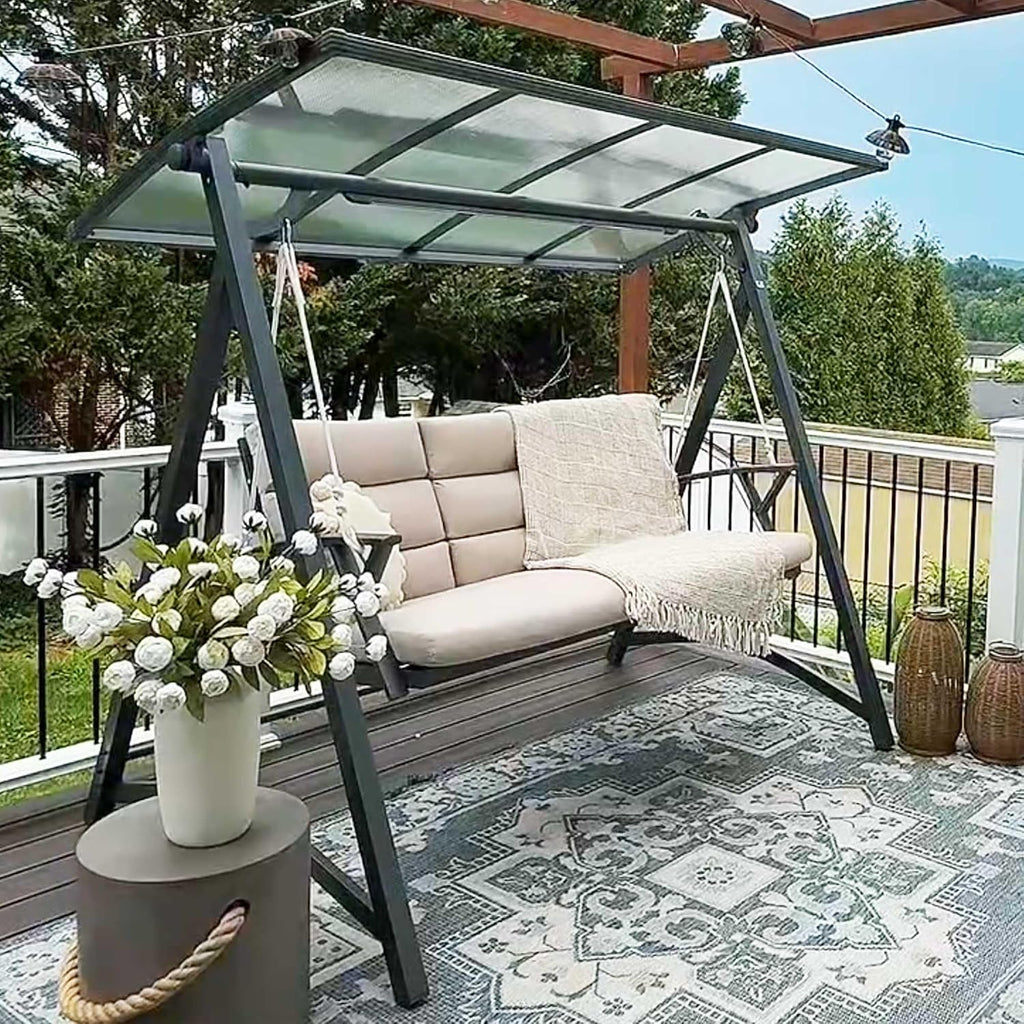 PURPLE LEAF Porch Swing 3 Person Patio Swing Chair with PVC Canopy Outdoor Deluxe Modern Yard Hammock Swinging Chairs w/Solar LED Light and Cushions for Backyard Glider Outside Loveseat Bench