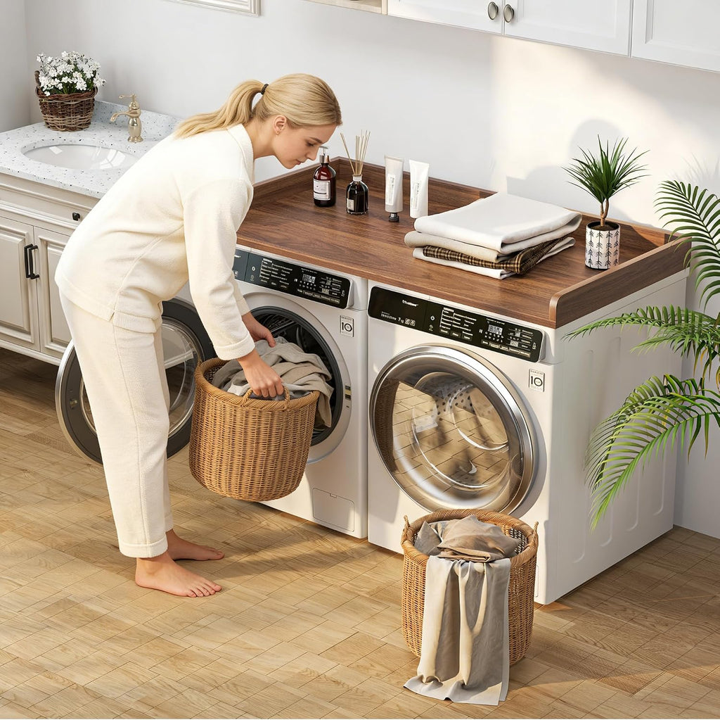 Washer Dryer Countertop, 27.5'x54' Wood Washer and Dryer Countertop with 2.95' Edge Rails, Laundry Machine Topper with Rounded Corner for Laundry Room Organization and Storage, Walnut