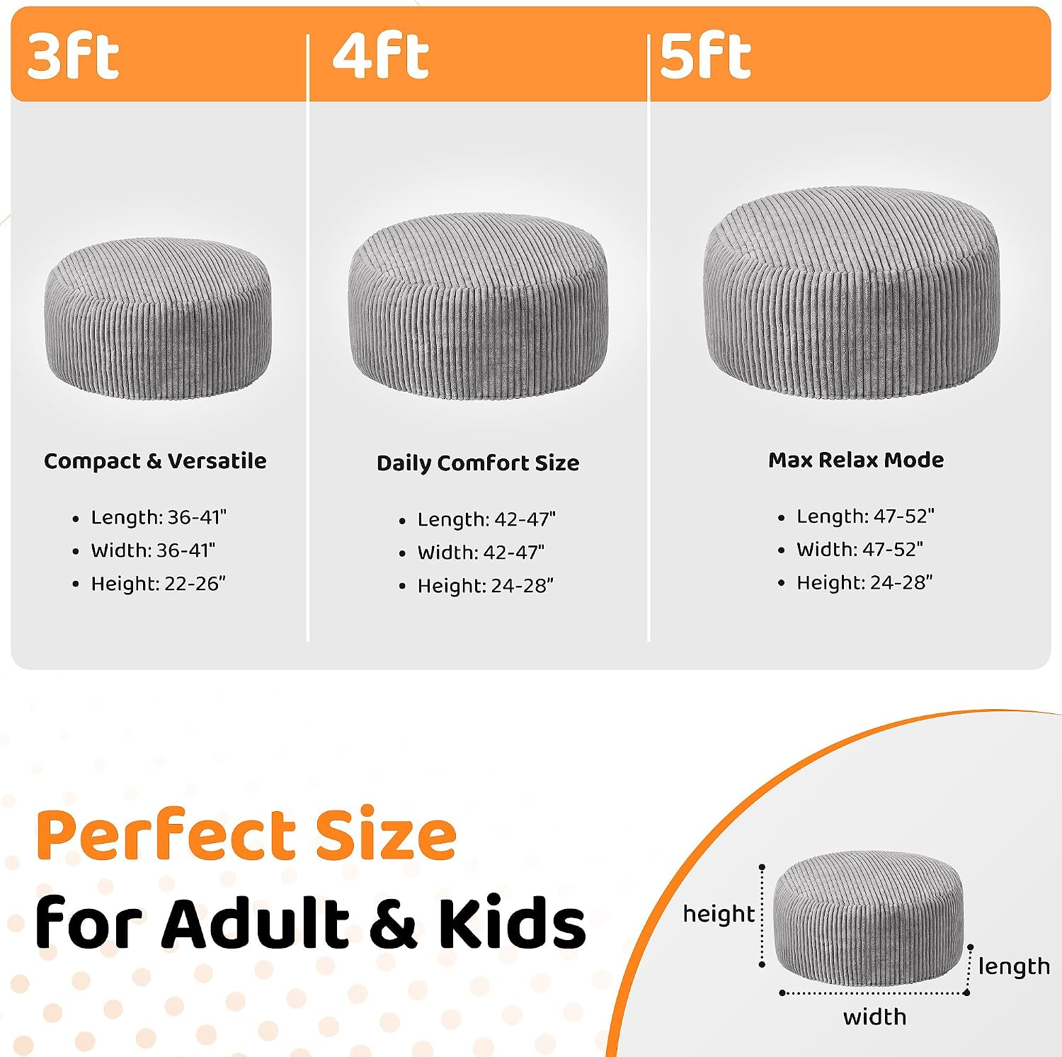 HABUTWAY 5FT Bean Bag Chair, 5' Large Bean Bag Chairs for Adults with Removable Stripe Plush Cover, Memory Foam Beanbag Chair for Living Room Bedroom Dorm (Grey)