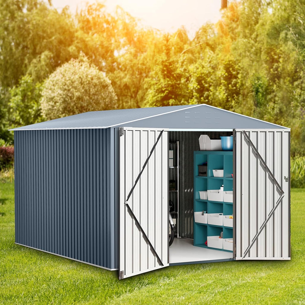 10x12 FT Outdoor Storage Shed, Large Metal Tool Sheds with Sturdy Frame Structure,Sloping Roof and Vents,Updated Reinforced and Lockable Doors Frame for Patio for Backyard,Patio,Garage
