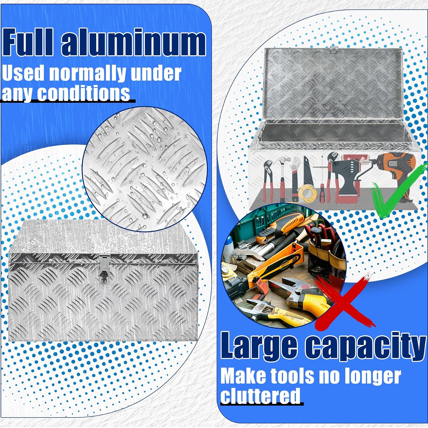 Aluminum Underbody Truck Box 32'×18'×14' Pick up Square Storage Toolbox Heavy Duty Diamond Plate Tool Boxes with Side Handle Buckle Lock and Keys for Storage and Organization