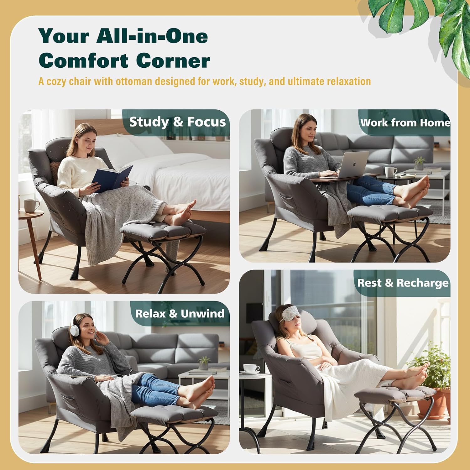 Lazy Chair with Ottoman, Large Accent Chair with Ottoman and a Throw Pillow, Shadow Grey Reading Chair for Living Room Bedroom Dorm Room Office Apartment Relaxing Use
