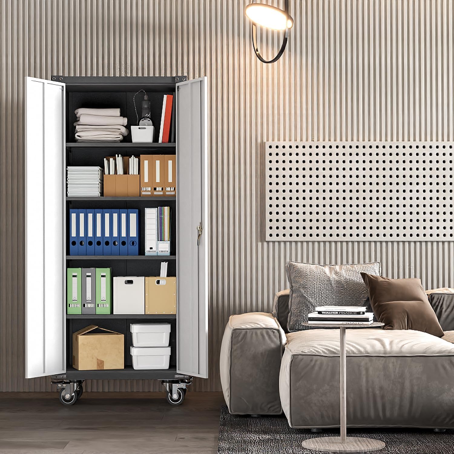 71'' Locking Metal Cabinet with 2 Door and 4 Adjustable Shelves, Lockable Garage Storage Cabinet on Wheels, Rolling Tool Cabinets for Utility Room, Home Office, Assembly Required