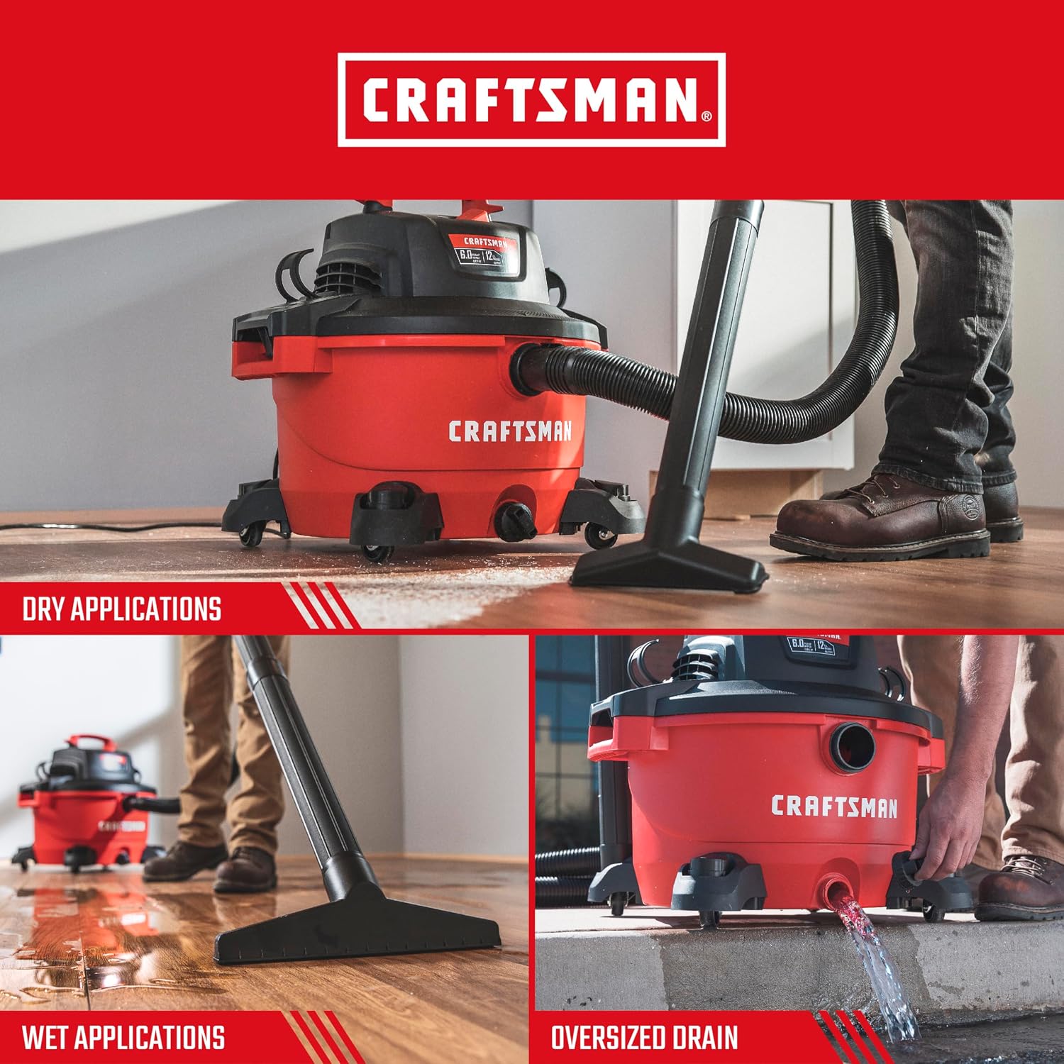 CRAFTSMAN CMXEVBE17594 12 Gallon 6.0 Peak HP Wet Dry Vac, Portable Shop Vacuum Wet and Dry with Two Filters, Dust Bag, 7-ft Hose, 20-ft Hose and Attachments for Home Projects & Renovations