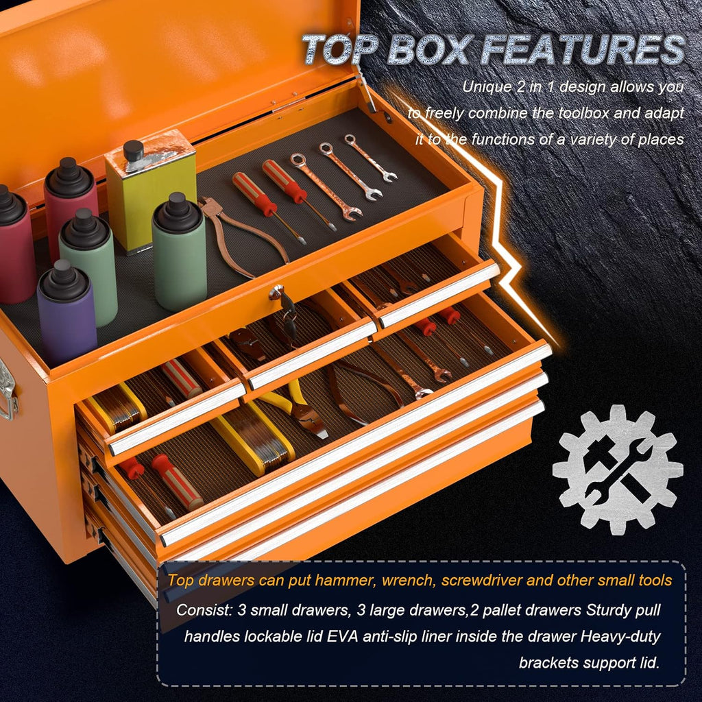 Go Big 8-Drawers Tool Chest Tool Box, Rolling Tool Chest with Wheels, Rolling Tool Box with Wheels, Garage Tool Storage Cabinet on Wheels, Locking System Toolbox(Orange)