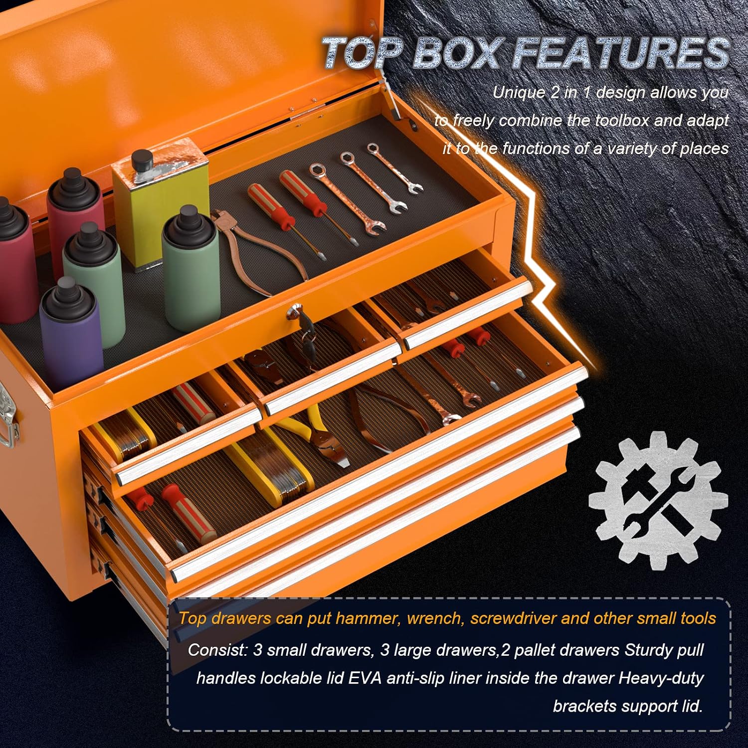 Go Big 8-Drawers Tool Chest Tool Box, Rolling Tool Chest with Wheels, Rolling Tool Box with Wheels, Garage Tool Storage Cabinet on Wheels, Locking System Toolbox(Orange)