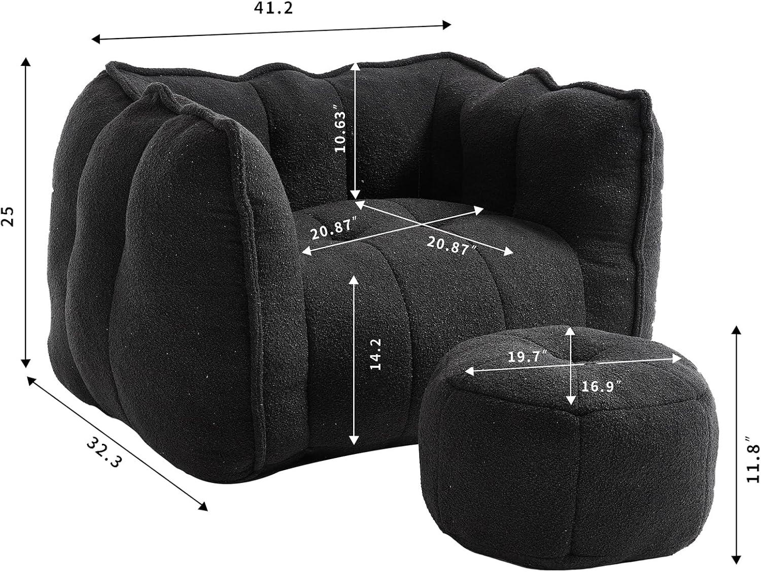Giant Bean Bag Chair with Ottoman, Oversized Beanbag Chair for Adults, Comfy Floor Sofa Chair with Foam Filler, Pumpkin Lazy Lounger for Living Room, Game Room, Reading Corner, Chenille Black