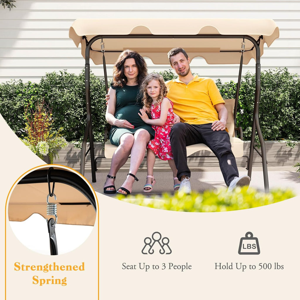 DREAMADE Porch Swing Outdoor, 3 Person Patio Swing w/Removable Cushion, Stand & Adjustable Canopy, Heavy Duty Swing Chair for Patio, Garden, Courtyard, Poolside