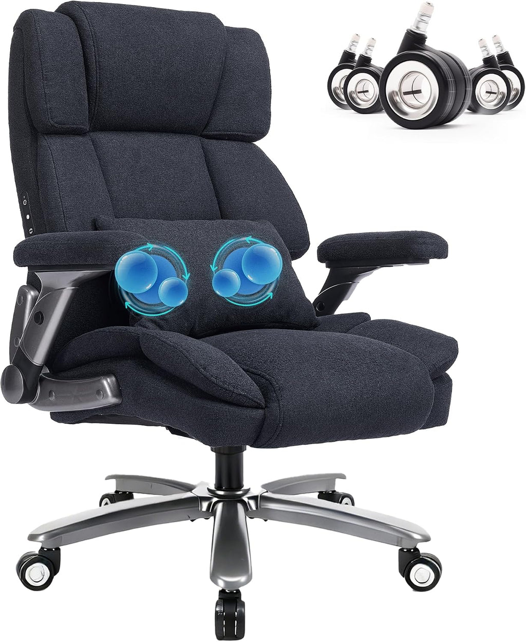 750lbs Heavy Duty Desk Chair with 3D Kneading Massage, Big and Tall Office Chairs with Ergonomic Support, 3D Armrests, 5 Quiet Dual Rubber Wheel, Thick Spring Cushion(Black-Fabric)