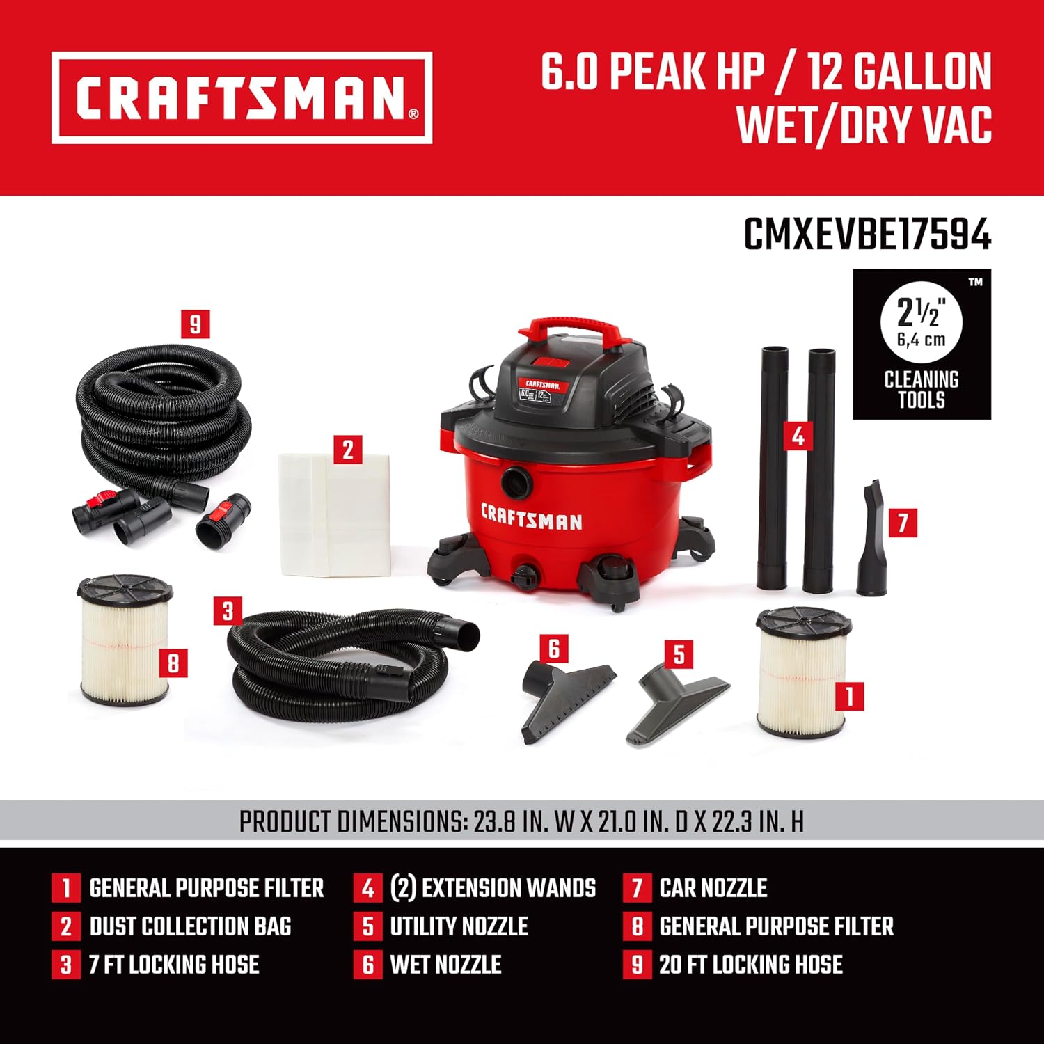 CRAFTSMAN CMXEVBE17594 12 Gallon 6.0 Peak HP Wet Dry Vac, Portable Shop Vacuum Wet and Dry with Two Filters, Dust Bag, 7-ft Hose, 20-ft Hose and Attachments for Home Projects & Renovations